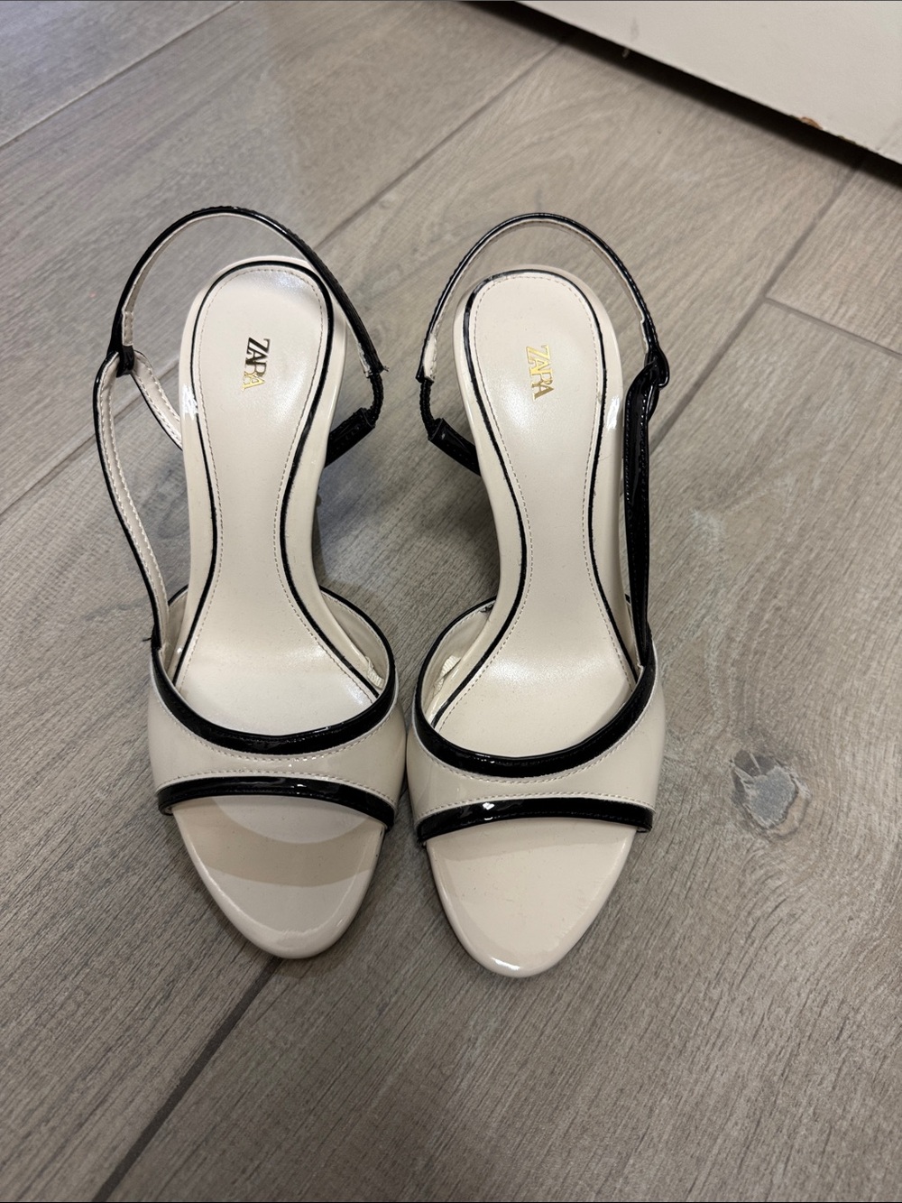 Zara Cream and Black Patent Slingback Heels